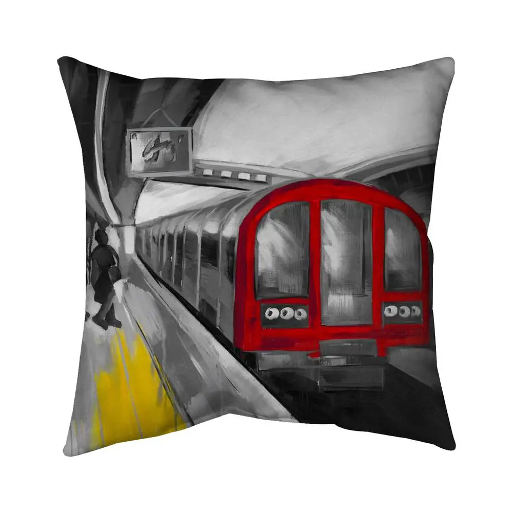 Gray Subway Train Design Decorative Pillow, 16x16 in, Model 5541-1616-TR27-1, 360-Degree Stand, Durable, for Train Enthusiasts, Urban Home Decor, Man Cave