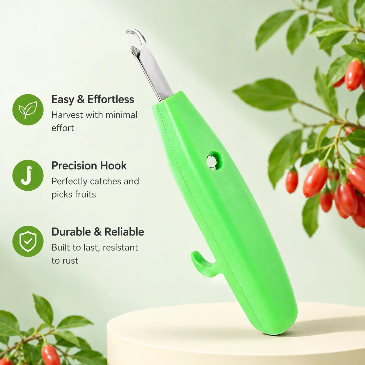 Handheld Pruning Shear with Precise Curved Hook Metal Blade, Non-Slip Ergonomic Handle for Goji Berry Fruit Harvesting, Branch Trimming, Gardening Users