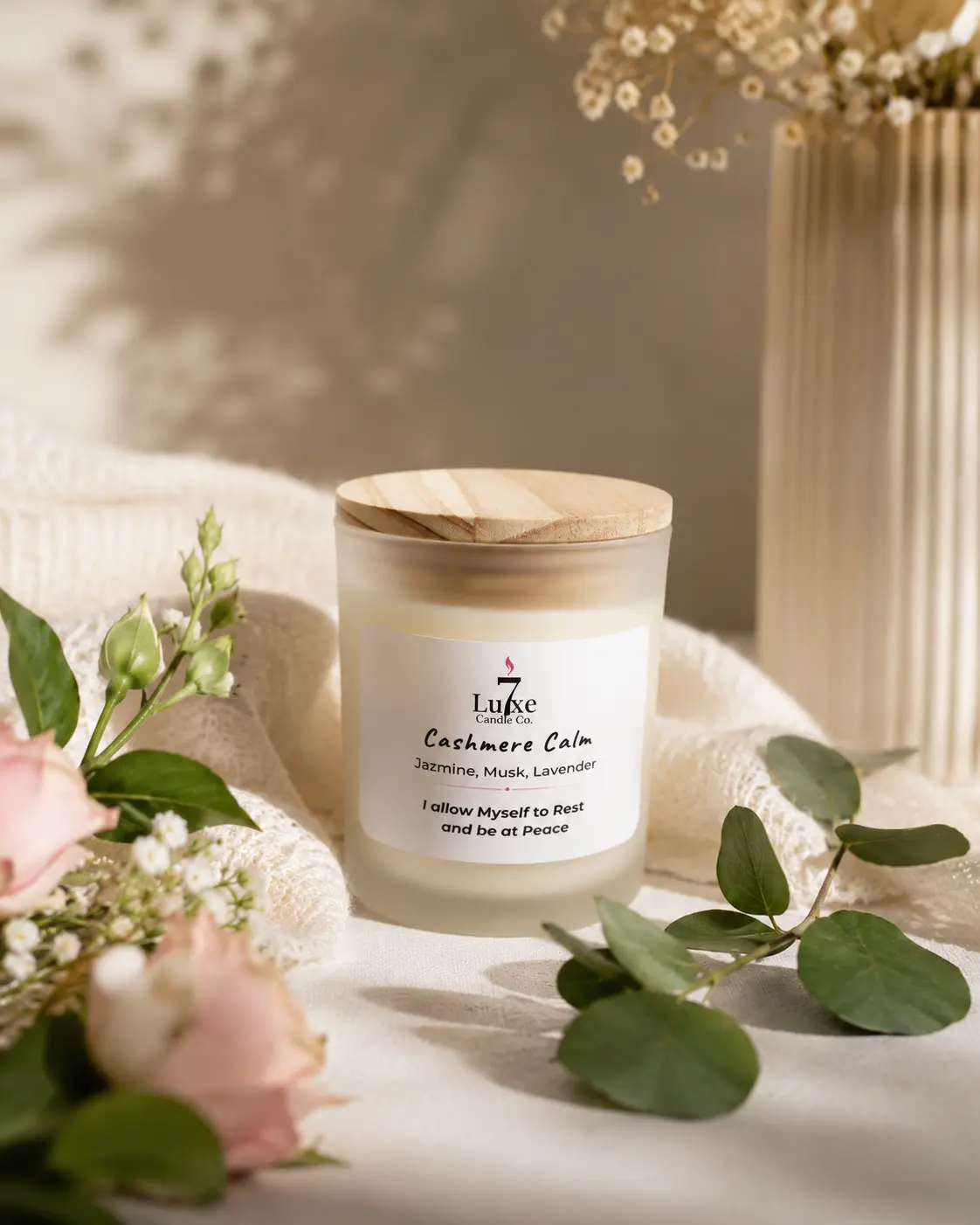 Cashmere Calm | Soy Coconut Candle 8oz | Jasmine, Musk, Lavender | Clean Burn Luxury Candle | Frosted White Jar | Cotton Wick | Affirmation Candle