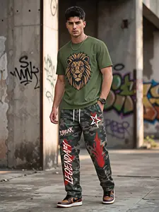Best-selling Men's Green American Hip-Hop Style T-Shirt and Long Pants Set: Slightly stretchy, quick-drying, and skin-friendly. Features a lion head print and camouflage graffiti design—perfect for street-style fashion and versatile wear