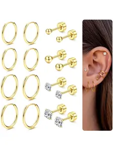 8 Pair Earring Set, Gold Silver, 316L Surgical Steel Earrings, 14K Gold Plated Cubic Zirconia Round Stud Earrings, Hypoallergenic Cartilage Huggie Hoop Earrings, Earring Stacking Set