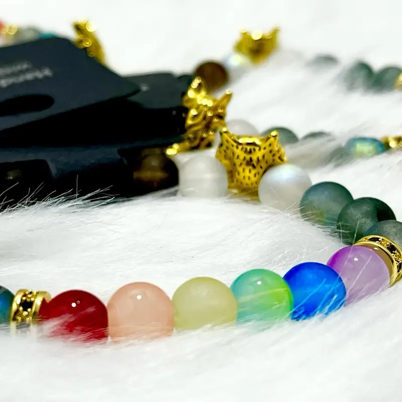 Gold Chakra Wolf Bracelet - Featuring Assorted Colorful Beads and Unique Wolf Charms in Gold Finish