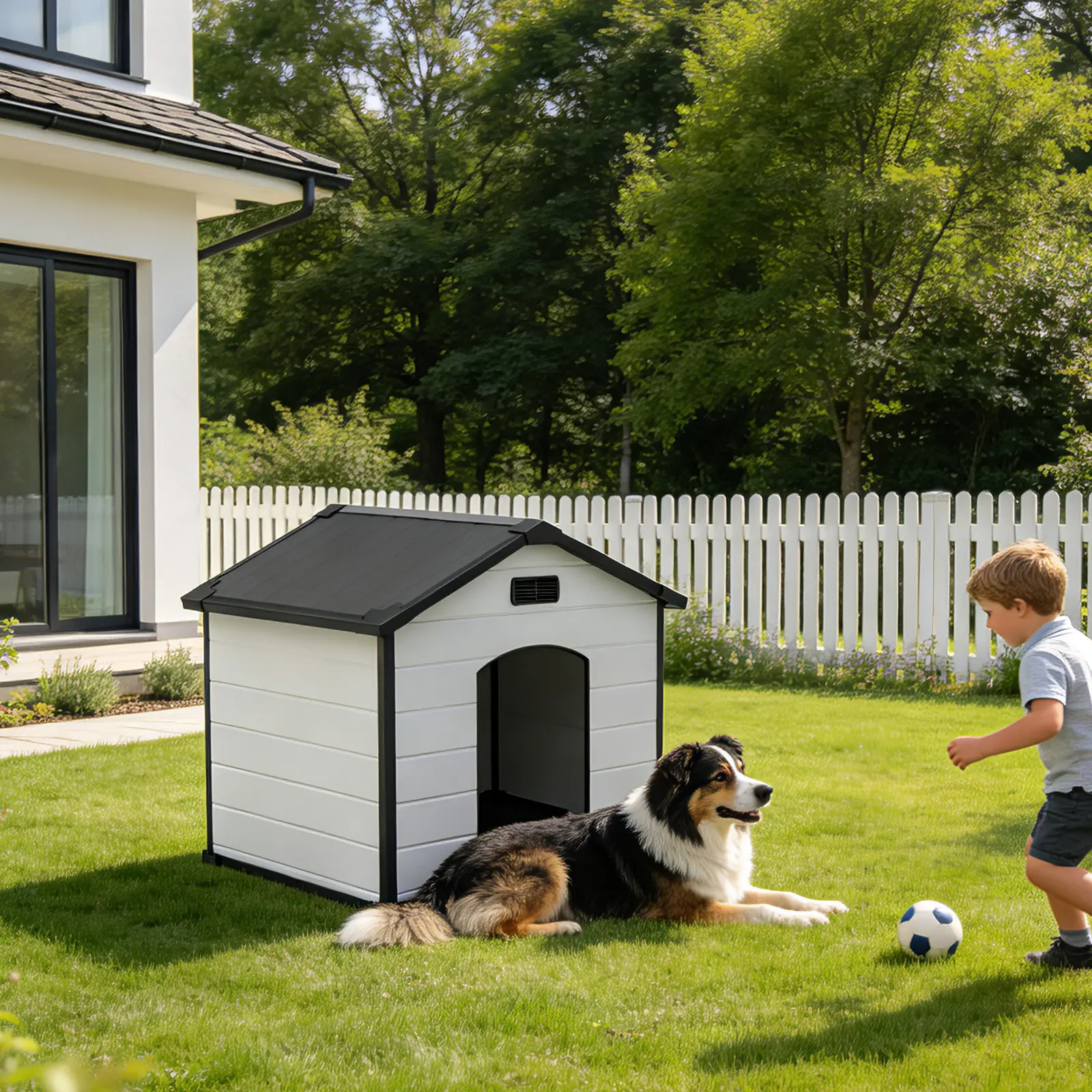 Heavy Duty Waterproof Dog House for All Seasons, Weatherproof Plastic Pet Kennel with Raised Floor & Vents, XL Large Outdoor Dog Shelter, Easy Assembly Puppy House for Yard, Cement Gray