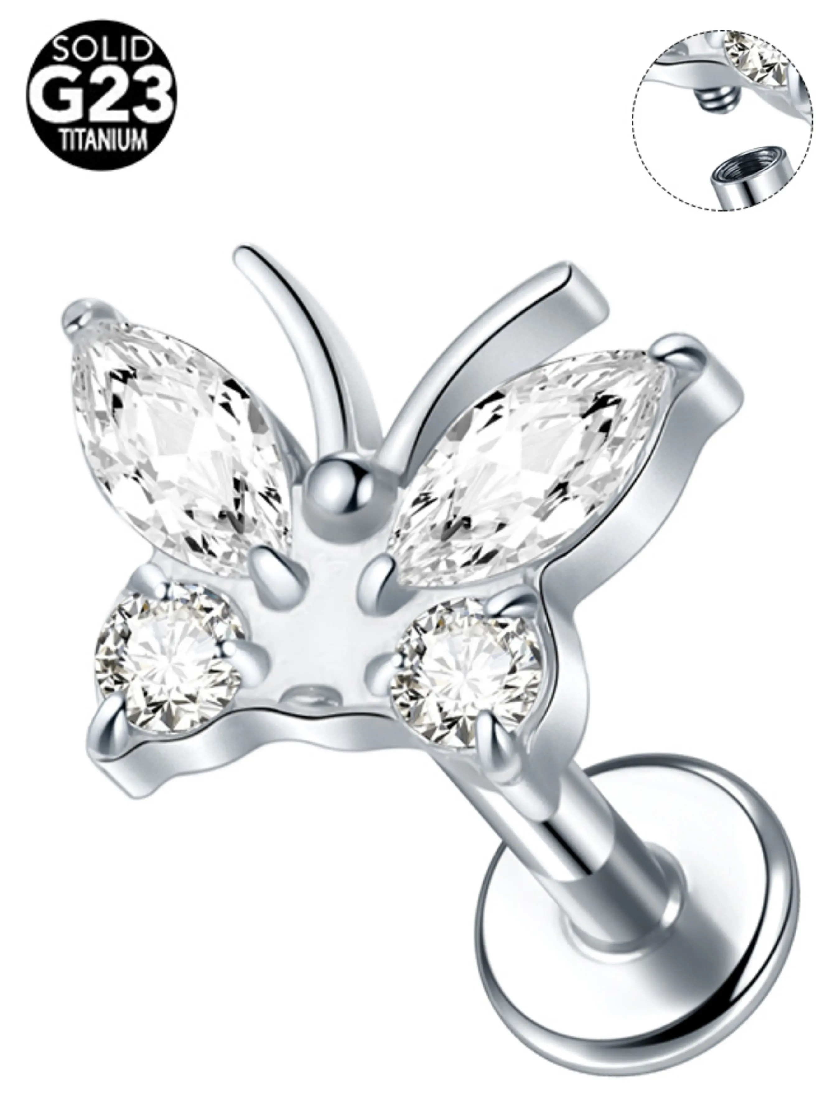 Butterfly Labret Stud Piercing, Crystal Tragus Helix Earring, Flat Cartilage Stud Earrings, Zircon Lip Piercings Jewelry, 16g 18g