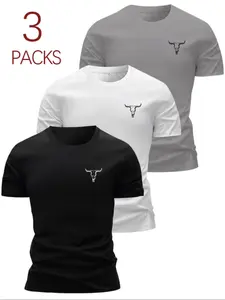 Men's Bull Head Print Short Sleeve Tee, Regular Fit Casual Comfy Round Neck T-Shirt, Summer Daily Wear, Loose-Fitting Gym Shirt