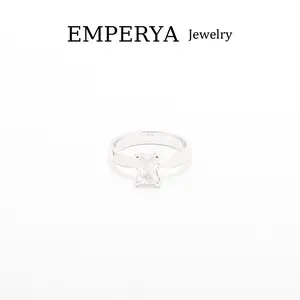 EMPERYA Silver Tone Minimalist Rectangle Cut Solitaire Ring | Classic Clear Stone Engagement Band | Sleek Polished Wide Shank Statement Ring | Timeless Jewelry for Women