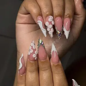 Acrylic Nails Set, Acrylic Fake Nails, Y2K Style Long Sharp Tips, Handmade Wearable, 4 Sizes XS S M L, 3D Carved, French Design, Perfect Gift for Women