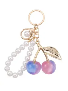 Trending Gradient Cherry Pearl Keychain, Luxury Faux Pearl Chain Bag Charm, Shiny Metal Leaf Pendant, Sweet Fruits Design Key Ring, Stylish Handbag Purse Accessory, Aesthetic Daily Decor Gift For Women Girls Birthday Valentine's Day Present