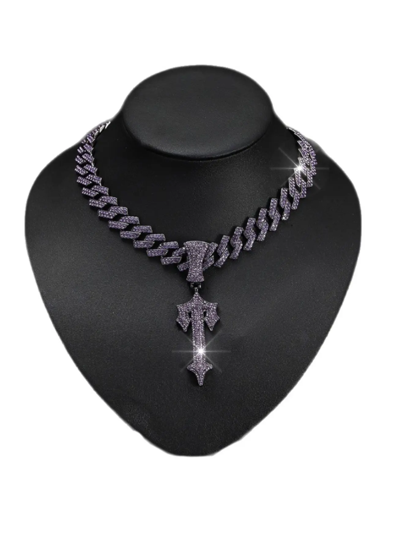 Fashionable Cross Pendant Necklace, Large Sword Charm Full Diamond Cuban Chain, Cuban Links Necklace, Punk Style, Suitable for All Seasons, Chunky Chain Jewelry, Copper Pendant Necklaces