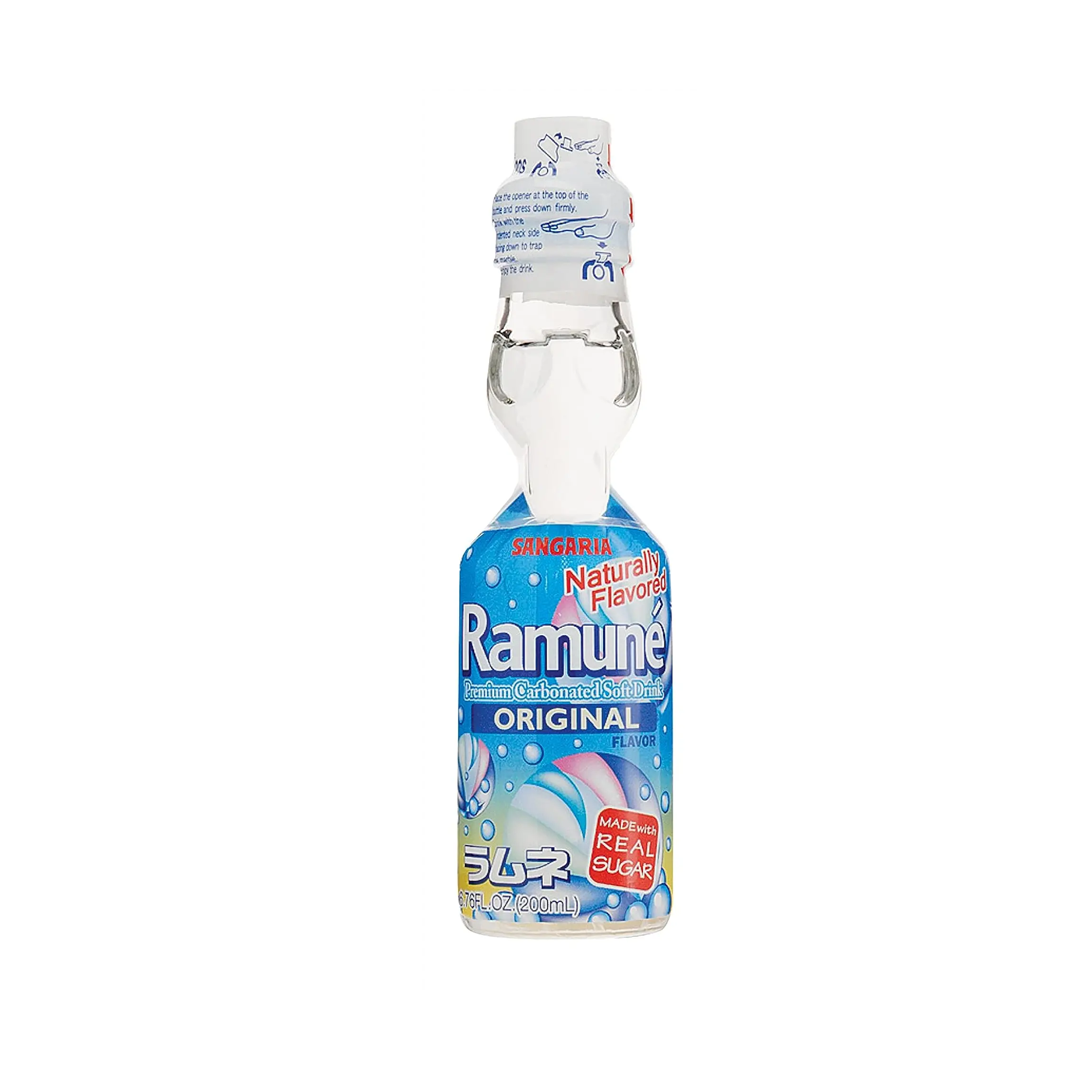 Sangaria Ramune Traditional Original Natural Soda Beverage - 200ml Fizzy Drink with Sugar, Carbonation, Marble, 20g per Serving