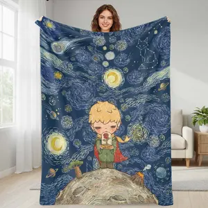 Little Prince Starry Sky Flannel Blanket Galaxy Rose Illustration Design Soft Warm Lightweight Cozy Throw for Bedroom Living Room Sofa Office Reading Gift Decor summerwins