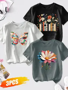 Kids' Crew Neck T-Shirt 3Pcs Set, Patchwork Butterfly & Colorful Daisy Print, Multiple Colors Available, Machine Washable, Spring & Summer Top, Soft Skin-Friendly, Daily Versatile, Fashion Design