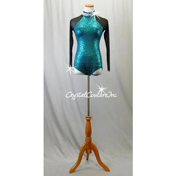 Teal Blue Sequined Leotard with Black Sparkly Mesh Sleeves - Swarovski Rhinestones