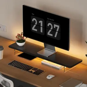 31.5-Inch LED Light Wood Computer Monitor Stand Riser with Adjustable Acrylic Legs, Desktop Organizer Desk Accessories for Computer Laptop Printer PC TV Screen, Black