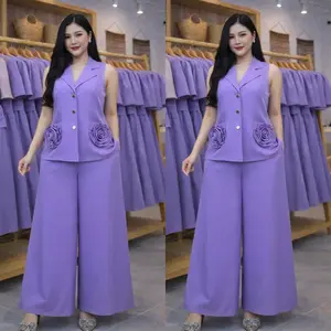 Elegant Purple Sleeveless Blazer with Floral Detail and Wide Leg Pants Set for Women