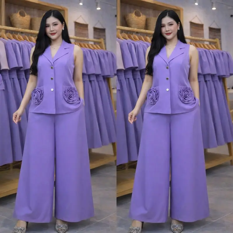 Elegant Purple Sleeveless Blazer with Floral Detail and Wide Leg Pants Set for Women