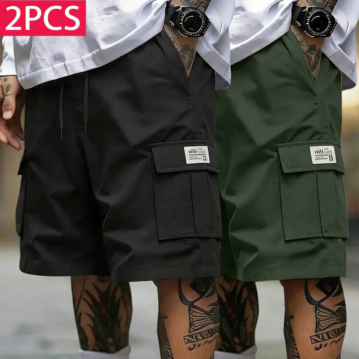 Men's 2-Pack Loose Cargo Shorts, Menswear, Drawstring Waist, Multiple Pockets, Stylish Design, Suitable for Casual Sports, Outdoor Activities, Ideal as a Gift for Men