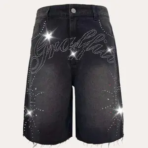 Vintage frayed-hem denim shorts with sparkling rhinestone details
