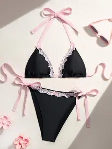 NAVALORA Plus Size Women 2pcs Multicolor Spaghetti Strap Lace Trim Bikini Swimwear Set Top & Bottom , Summer Beach Vacation