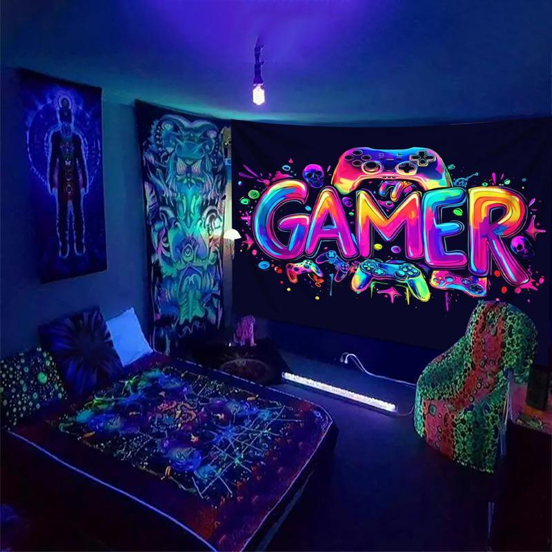 Game Controller Pattern Tapestry, UV Reactive Black Light Tapestry, Game Controller Neon Light Effect Wall Hanging, Bedroom Aesthetic Art Decoration Wall Tapestries