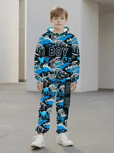 Boys Fashion Dinosaur Pattern 3D Printed Hoodie Set, Long Sleeve Sports Wear, Spring Fall Winter Outdoor Hooded Sweatshirts