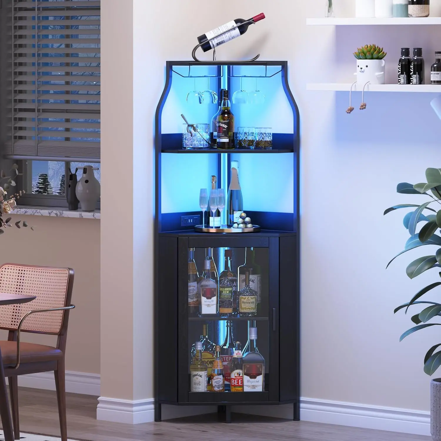 Corner Wine Bar Cabinet, Corner Liquor Storage Cabinet with Barn Door,Glass Rack,Adjustable Shelves,Home Bar Storage for Dining Room,Kitchen,Living Room