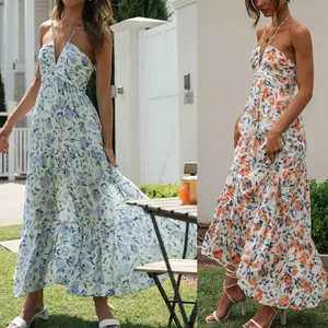 Women Backless Flowy Dress Long Dress, Elegant Sleeveless Tie-up Halterneck Floral Dress Summer Swing Dress Casual Feminine