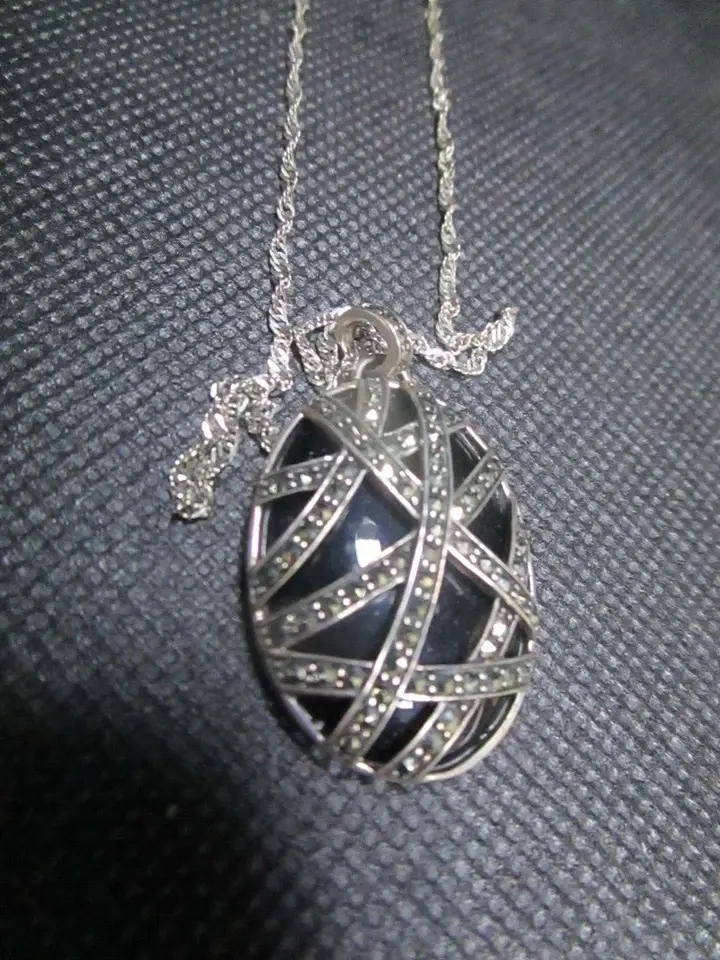 intage Sterling Silver marcasite onyx necklace choker sterling chain