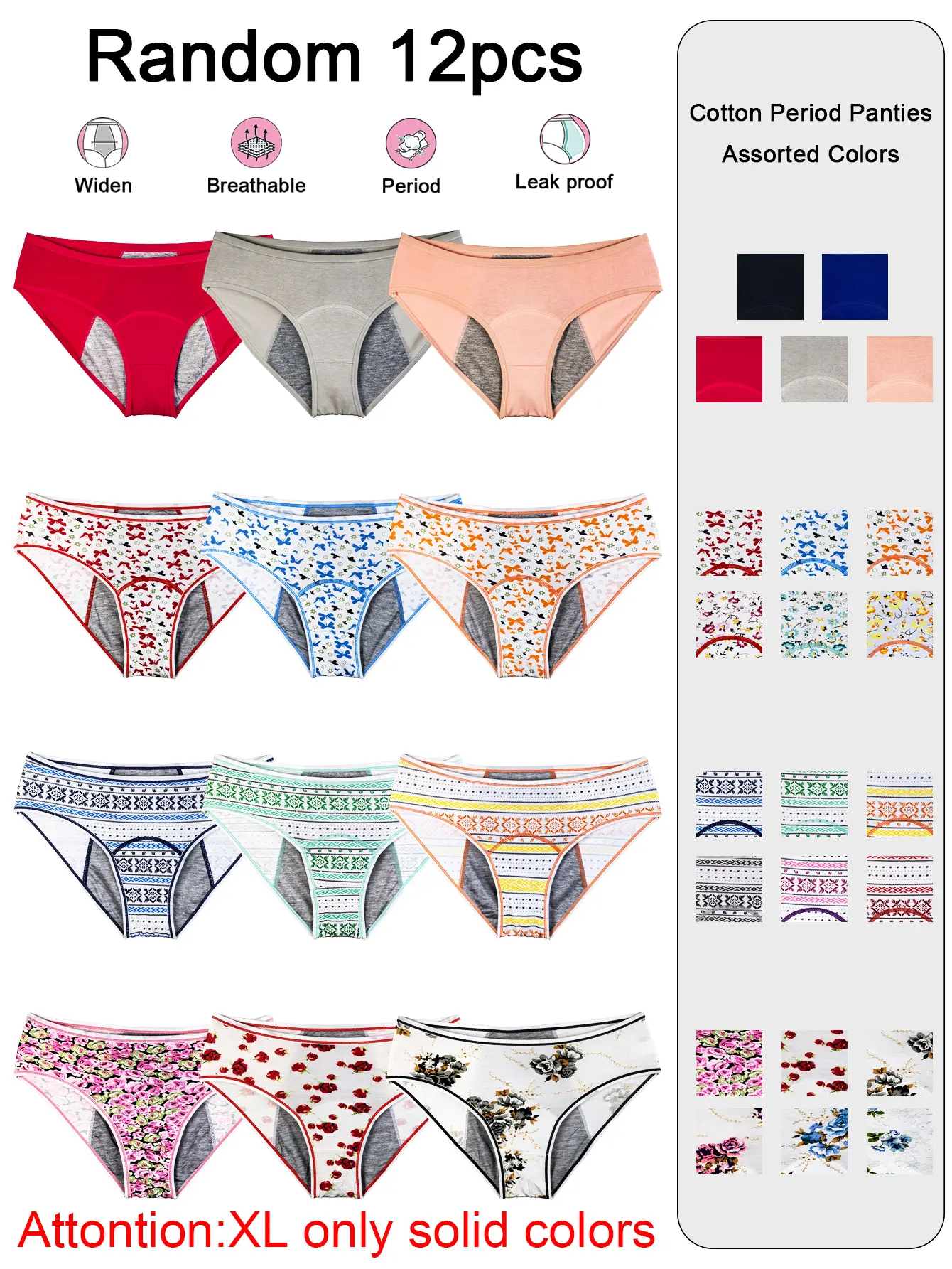 12-Pack Women’s Mid-Waist Period Panties, 3-Layer Leak-Proof Breathable Cotton Underwear, Floral Print & Solid Designs, Machine Washable for Everyday Comfort