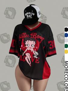 Streetwear Y2K Mesh Breathable American Vintage Doll Print V-Neck Short Sleeve T-Shirt for Women, Loose Oversize Fit Sports Casual Top