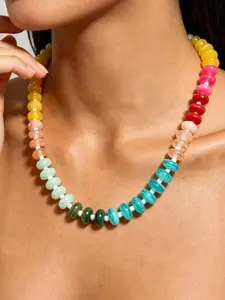 Rainbow Gradient Abacus Bead Necklace, Multicolor Beaded Choker, Bohemian Summer Necklace, Candy Color Vacation Jewelry