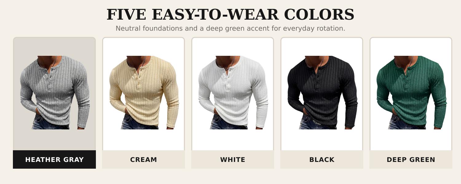 Men’s Ribbed Henley Long Sleeve Shirt Slim Fit Stretch Casual Knit Pullover for Men Soft Breathable Fashion Tee