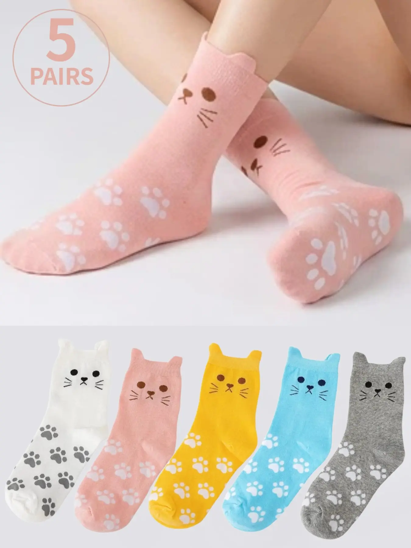 5 pairs of mid-calf socks with cat patterns for women, featuring cute animal designs, durable and fashionable shoes, the perfect gift for her