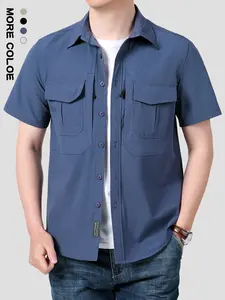 Men's Outdoor Casual Button Front Quick-Dry Solid Color Shirt, Breathable Comfortable Short Sleeve Fitted Workwear, Multi-Pocket Utility Shirt