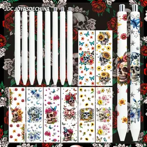 16pcs/32pcs Gothic Skull UV DTF Pen Wraps & Pen Set, for Girls Women Goth Lovers Halloween Office School Supplies