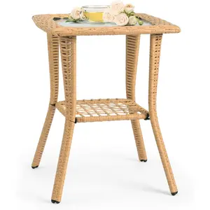 Outdoor Side Table with Storage Wicker Patio Table Tempered Glass Top End Table for Balcony Porch Deck Beige Weather Resistant PE Rattan Iron Frame