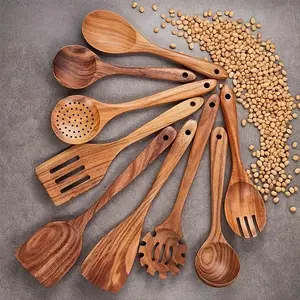 9-Piece Wooden Kitchen Utensil Set, Durable Cooking Tools for Non-Stick Pots, High-Quality Teak Material, Smooth Grip, Easy Cleaning