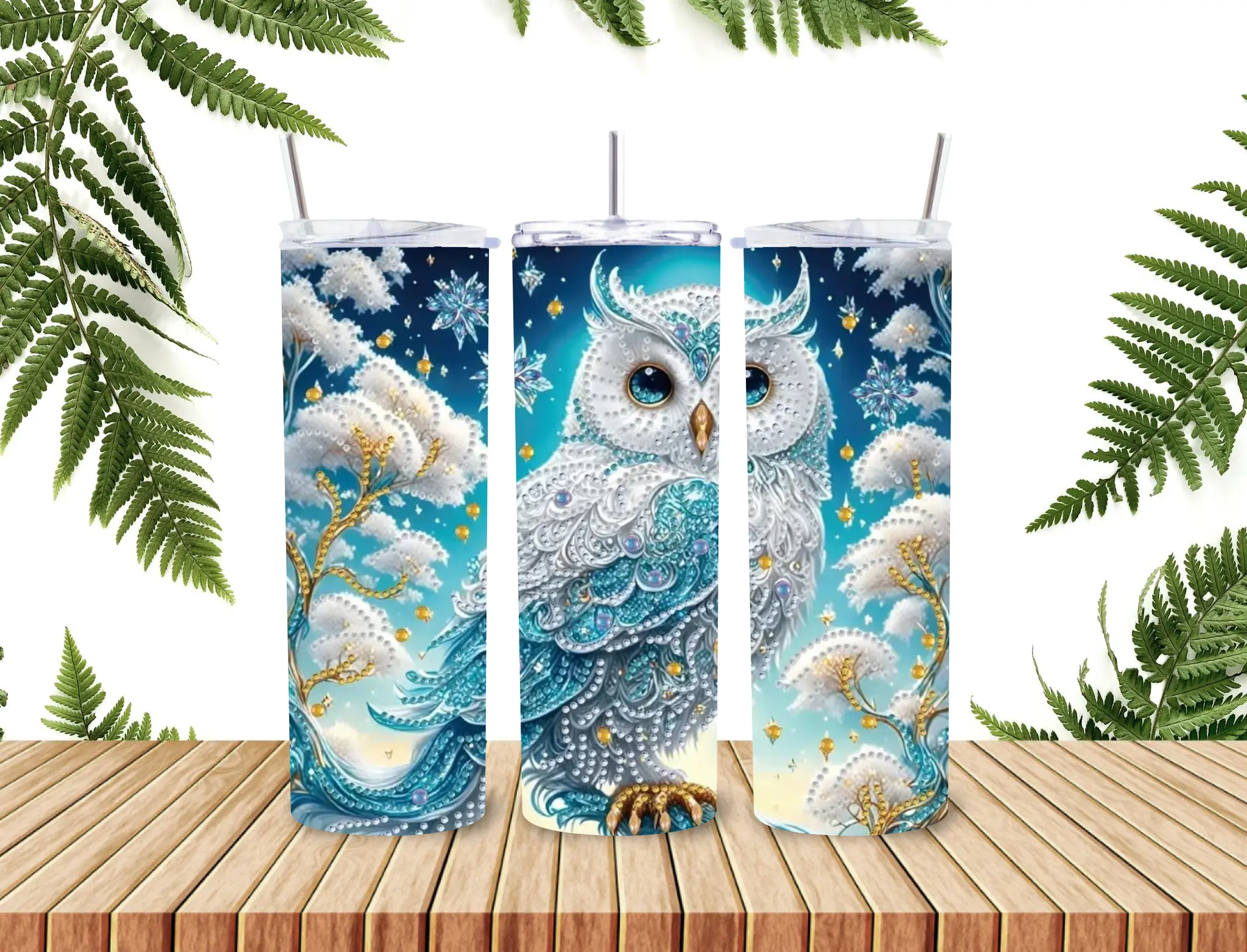 White Beautiful Owl 20oz Stainless Steel Tumbler Water Bottle Drinkware Cup with Snowy Design and Owl Motif