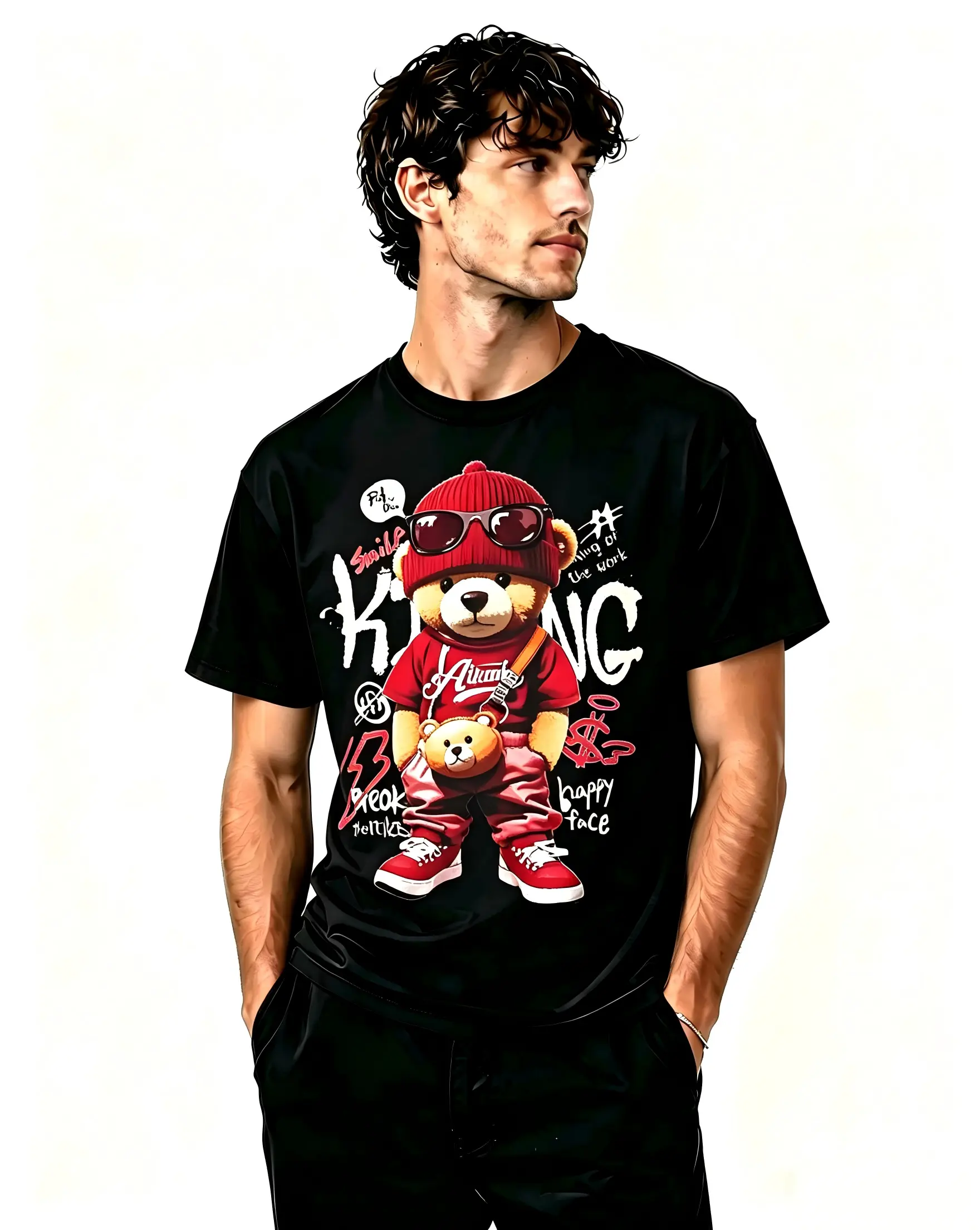 Men's Casual Punk Bear Graphic Tee, Breathable 180G Soft Cotton Shortsleeve Top for Holiday & Streetwear, Basic, All Seasons, Tshirt, Cotton Fabric, Lightweight, Club, Round Neck, Cute, Retro, Vintage, Menswear, Simple Black Crewneck Loose Long, T-Shirt S