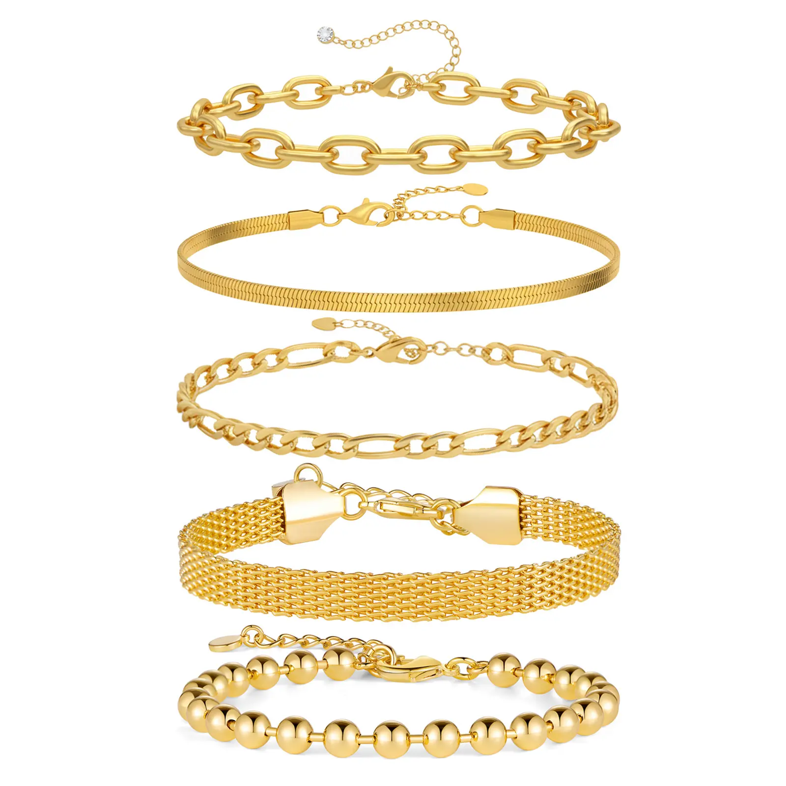 5pcs Gold Bracelets for Women, Stackable Layered Bracelet Set, Chunky Link Beaded Herringbone Adjustable Bracelets, Trendy Minimalist Jewelry Gift for Her