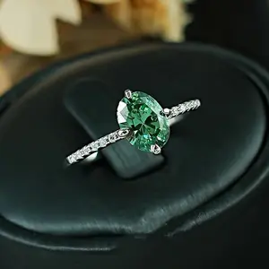 Green Pear Cut Ring for Women, Silver High Carbon Diamond Engagement Ring, Emerald Color Solitaire Promise Ring, Elegant Fashion Jewelry, Wedding Gift Accessory