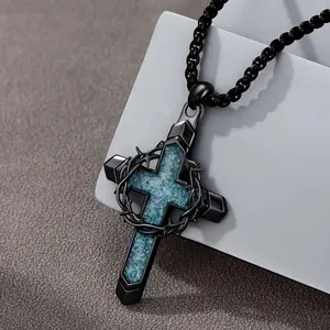 1Pcs Cross Necklace for Men, Turquoise Cross Pendant Necklace with a Thorny Wreath and Cross Design, Religious Christmas Birthday Gifts for Men And Women