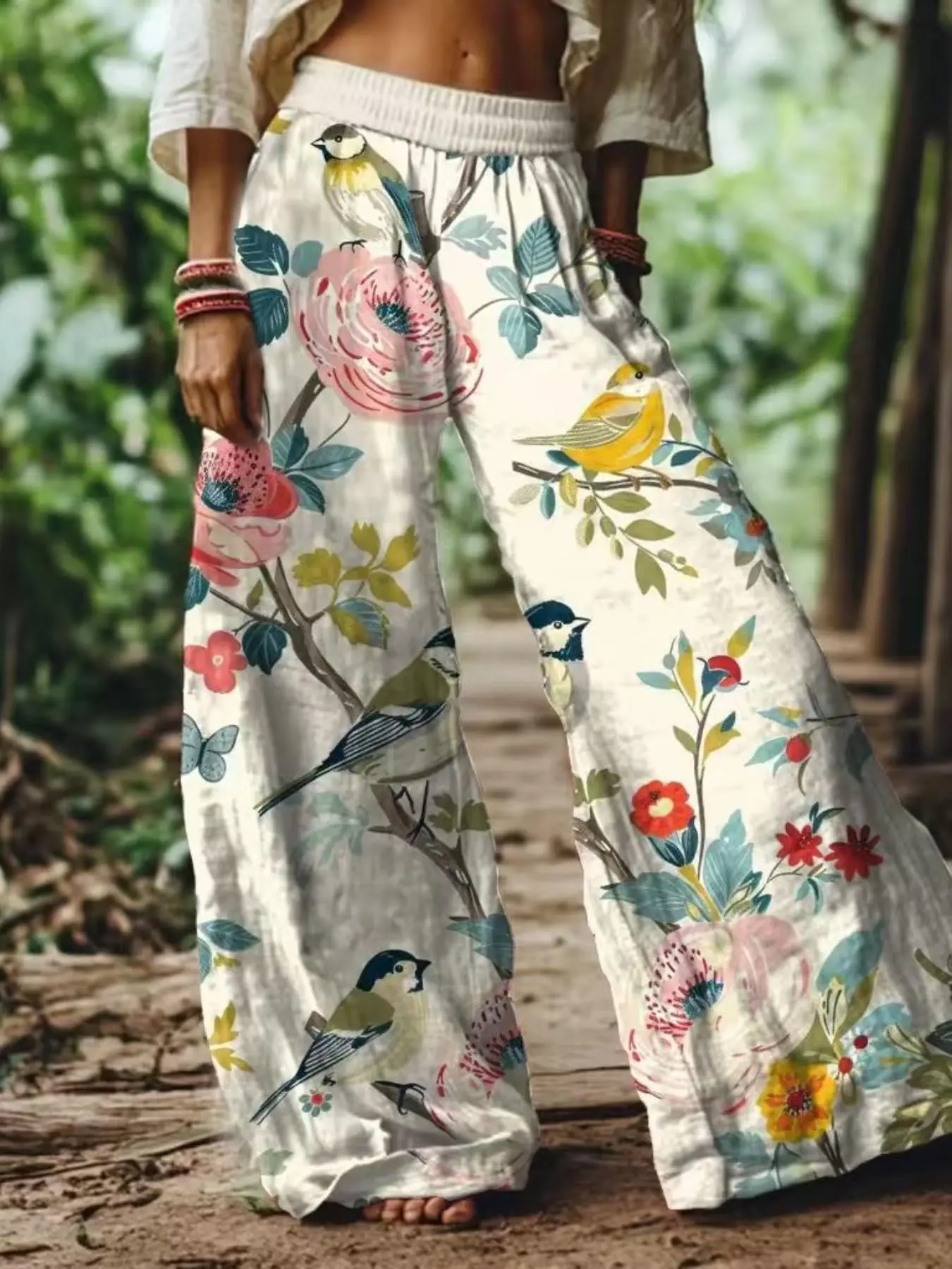 Women's Floral Print Boho Bohemian Casual Wide Leg Long Pants, Comfortable Breathable Fabric, Elastic, Perfect for Vacation, Home, Daily Wear, Spring Summer Fall