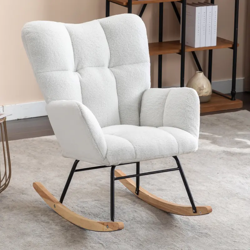 Modern Cotton Teddy Fabric Rocking Accent Chair - Tufted Back Indoor Chair for Nursery & Living Room, Ivory, 26.46 lbs, 31.5"D*27.6"W*37.4"H, Quick Assembly Required, Rocking Chairs
