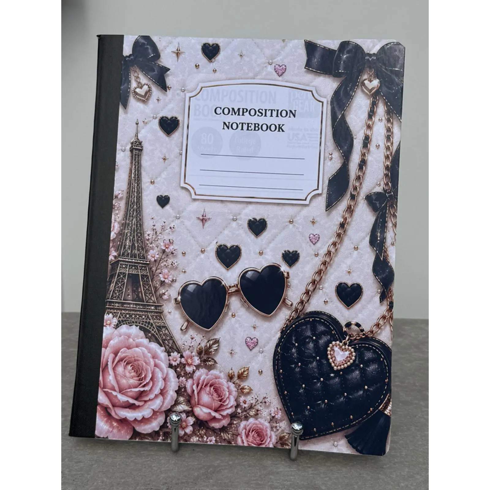 Luxury Boutique Peel and Stick Composition Notebook Covers 7.5 x 9.75 in High-End Design with Eiffel Tower and Heart Motifs