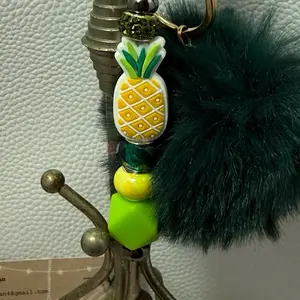Pineapple Keychain with Green Beads and Green Pom-Pom Accessory