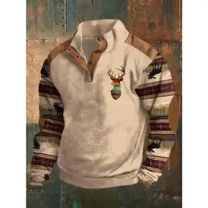 Autumn and winter men's long sleeved stand up collar half button ethnic style hoodie