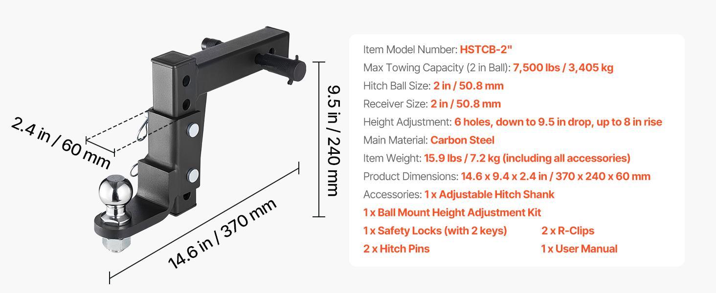 【Summerfinds】VEVOR Trailer Hitch Ball MountFit 2-Inch ReceiverAdjustable Trailer Hitch with 2 Inch Ball & Pin7500 lbs GTW9.5 Inch DropTowing Ball Mounts for RVsOff-Road Vehicles and TrucksBlack