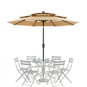 Modern 10ft 3-Tier Patio Umbrella with 24 LED Solar Lights – Vented Top, Easy Crank & Push Button Tilt, 8 Sturdy Ribs, Outdoor Lighted Umbrella for Pool, Deck, Yard, Garden,Khaki