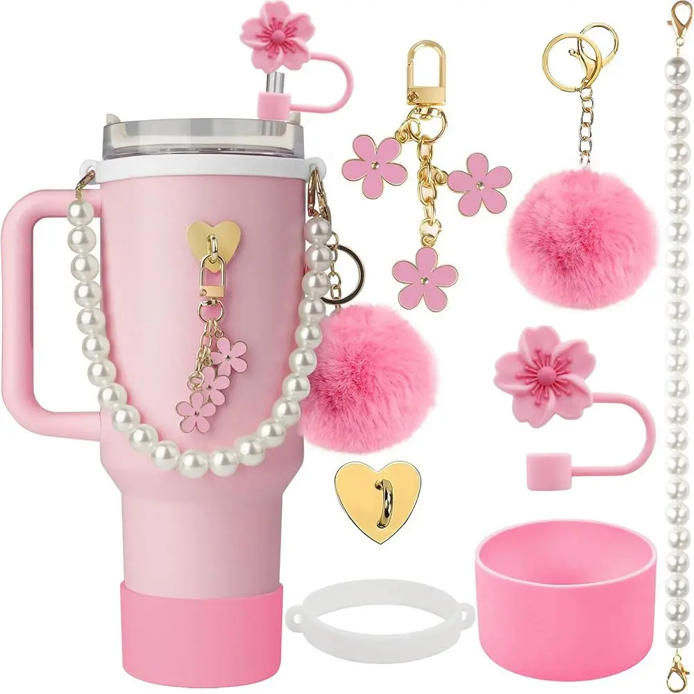 Cute Drinkware Accessories Set for Tumbler without Cup, 7 Counts/set Including Silicone Straw Cover & Straw Toppers for Tumblers & Heart Sticker & Flower Charm & Pearl Handle Strap & Pom Charm & Rubber Ring & Silicone Boot, Gift for Friend Family